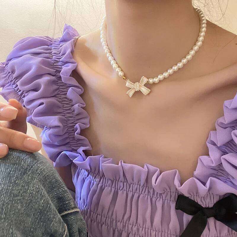 Trend Wedding Party Jewelry Bow Pendant Choker Necklace For Women Elegant White Imitation Pearl Chain Necklaces X0201 H260312