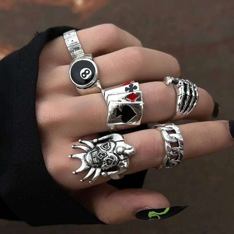 Y2K Trendy Punk Hip Hop Stainless Steel Men Ring Vintage Spider Bat Skull Two-headed Snake Rings Jewelry Gothic Accesorios Set H260312