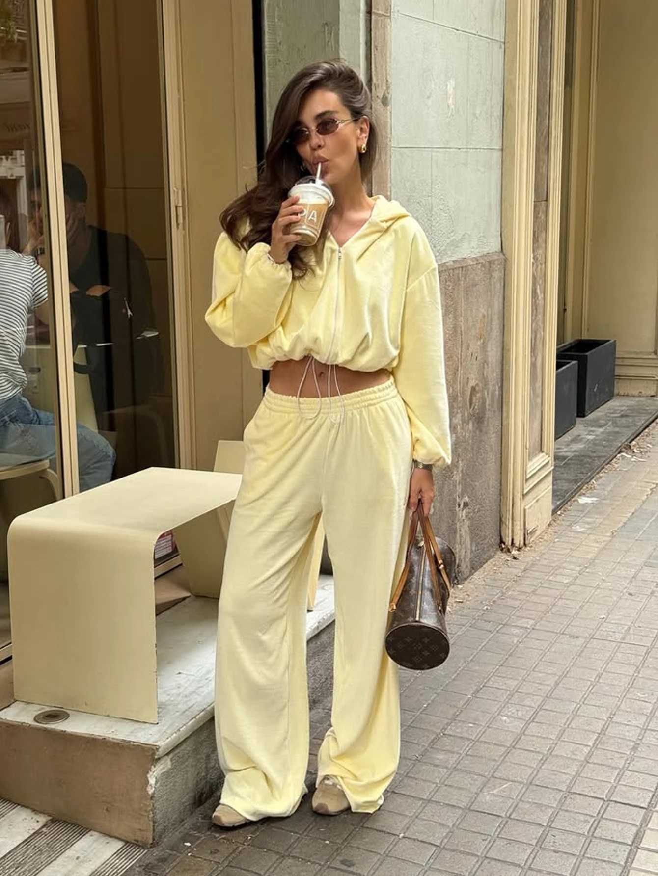 Womens Two-Piece Set Solid Color Hooded Short Sweatshirt Jacket with Elastic Waist Pants Regular Fit Fall Winter Wear M260313