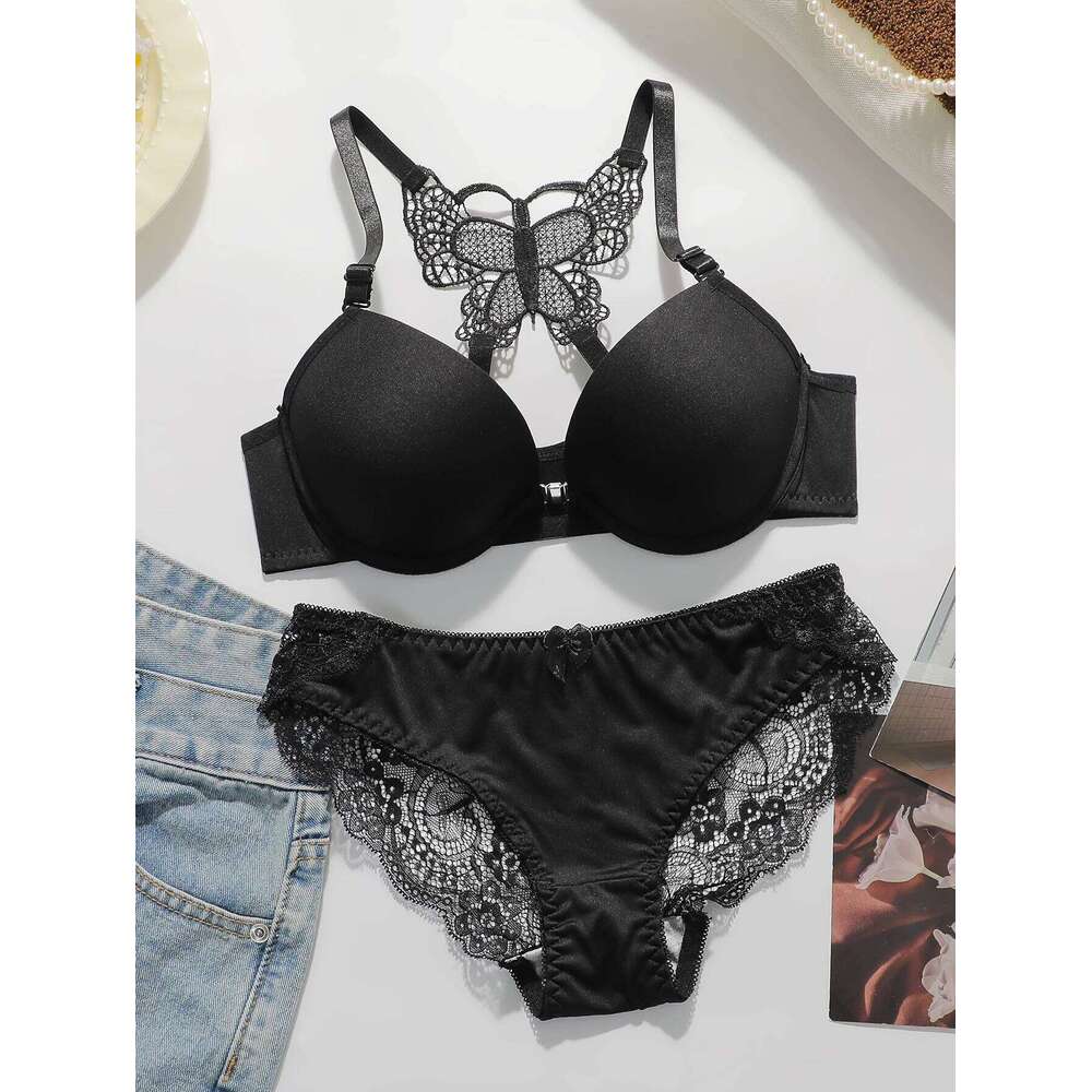 Women's sexy embroidered lace lingerie for front gathered push ups back butterfly comfortable and close fitting bra set 2120