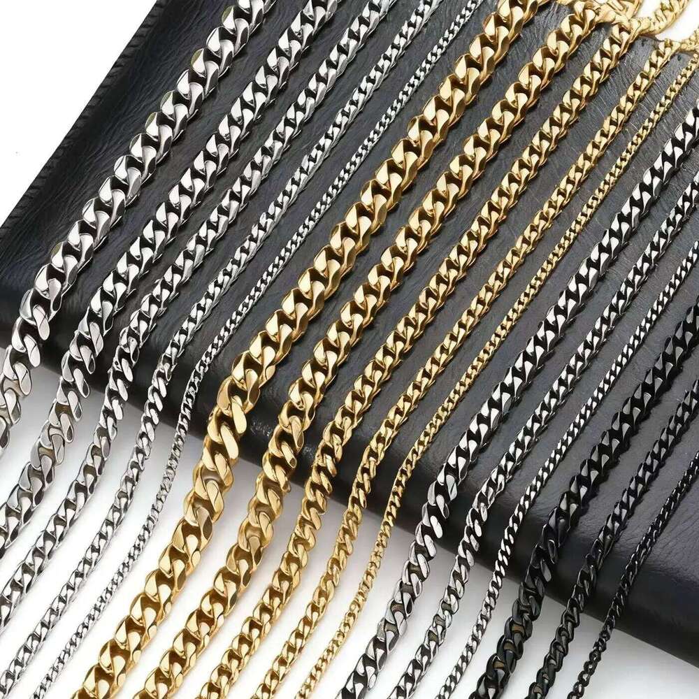 Basic Cuban Necklace for Men Women,Stainless Steel Curb Link Chain Collar,3/5/7/9/11mm Width Black Gold Retro Color Choker H260312