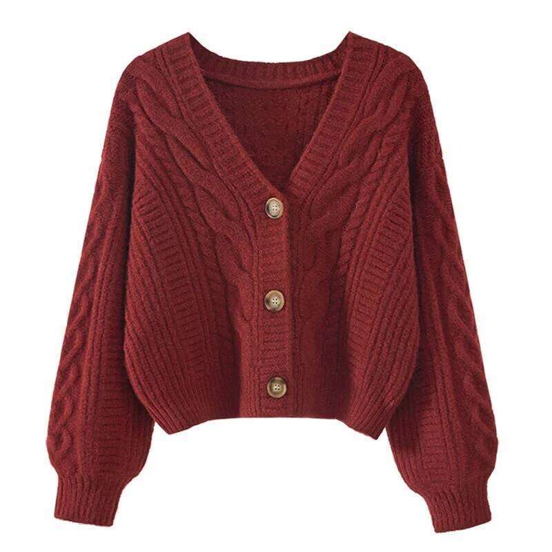 New Simple Elegant Office Coat V Neck Twist Cardigan Short Sweater Loose Women Korean Style Retro Jackets Autumn Winter Clothing Z260313