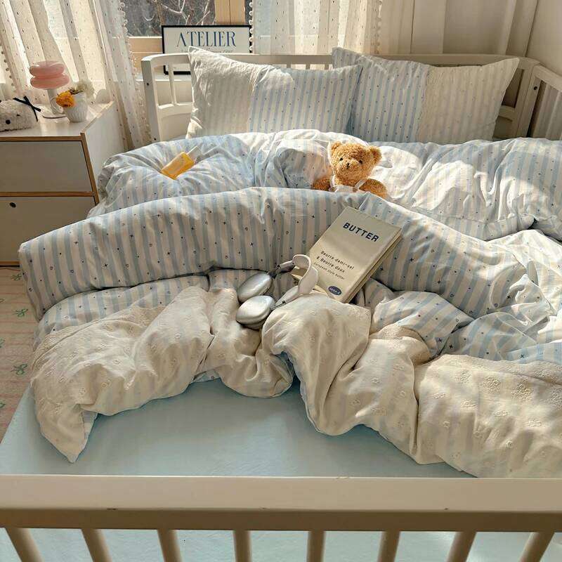 Striped Princess Bedding INS Nordic Girls Soft Washed Cotton Flat Sheet Twin Queen Size Duvet Set Pillowcase Bed Linens H260312 - view 4