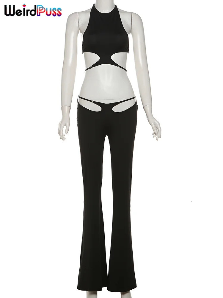 Weird Puss Hollow Straps 2 Piece Sets Woman Summer Sexy Solid Halter Backless TopsSequined Flared Pants Party Skinny Outfits 260309