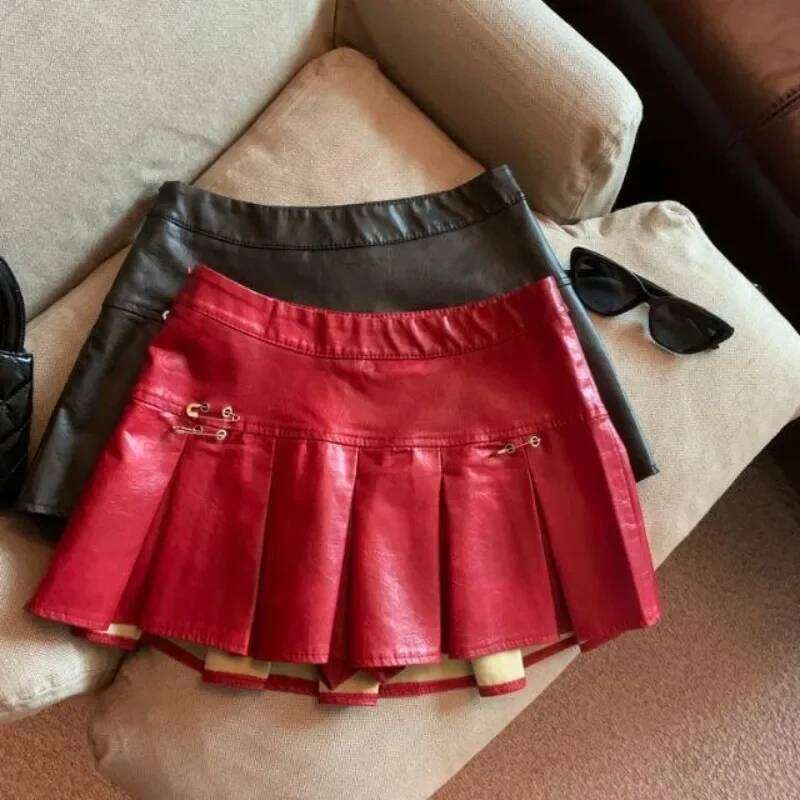 American PU Leather Pleated Women Slim High-waisted Design Mini Skirt Red Black Z260314
