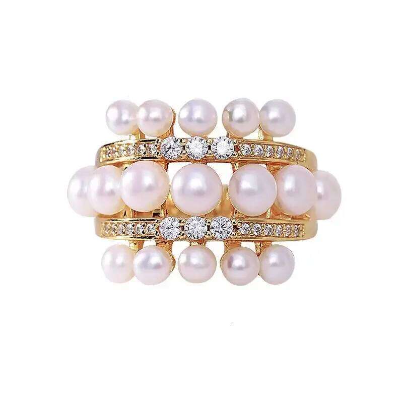2025 New Exquisite Pearl Zircon Gold Color Open Rings Wedding Party Women's Fashion Jewelry Finger Accessories for Girls H260312