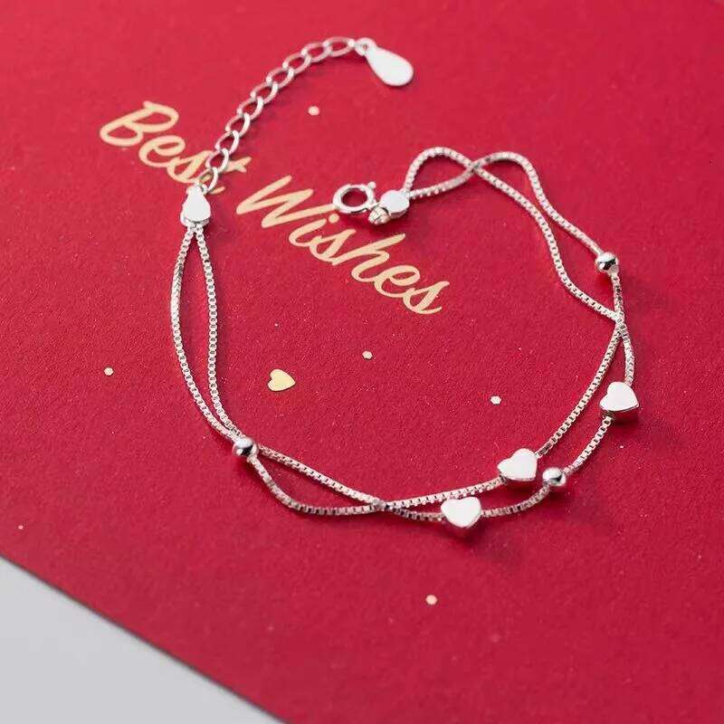 925 Sterling Silver Double Layer Heart Chain Bracelets For Women Vintage Korean Design Bead Bracelet Party Jewelry Accessories Z260313