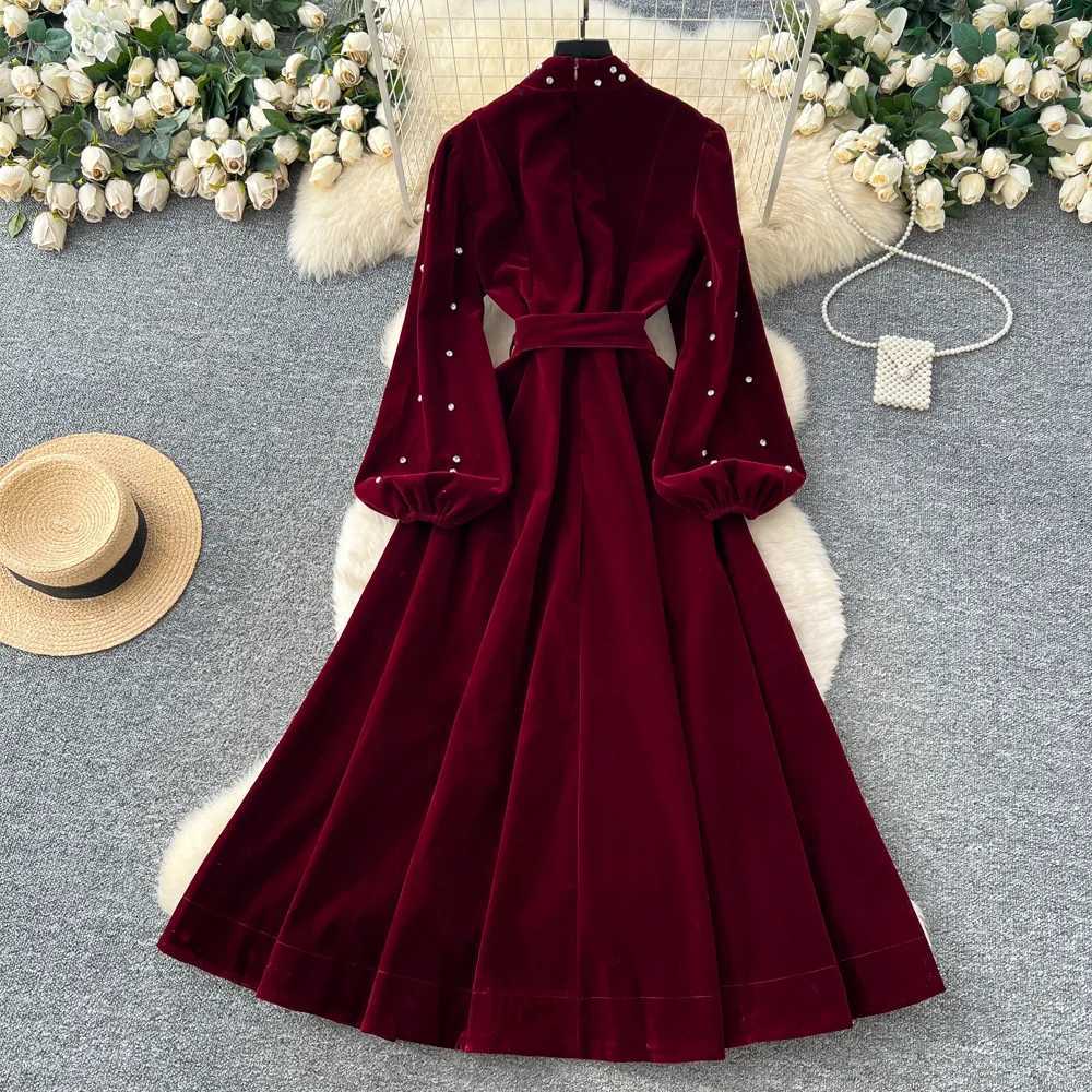 Women Rhinestone Lace Up Dresses Velvet Solid Dress A Line Lantern Sleeve Ankle Lenth Single Breasted Casual Elegant 2025 AutumnT260314