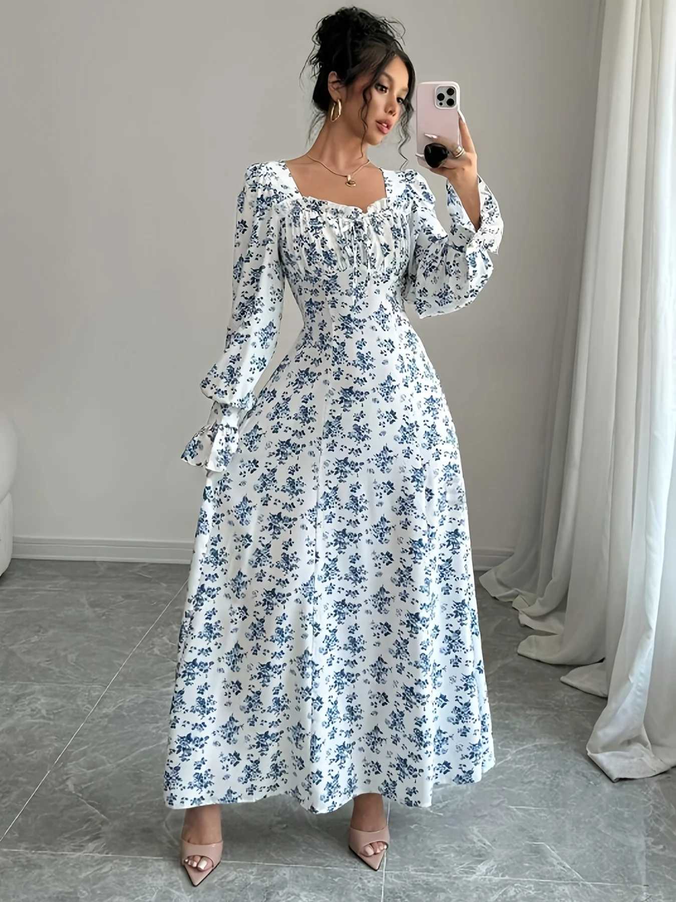 Womens Blue Floral Print Maxi Dress Square Neck Long Sleeve Casual Boho DressT260314
