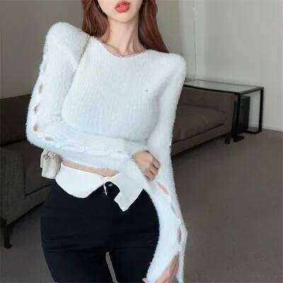 Fuzzy Fitted Knit Top for Women Cut-out Buttoned Sleeve Bodycon Crop Sweater Pullovers Teen-girl Autumn Winter Y2K Outfit Z260313