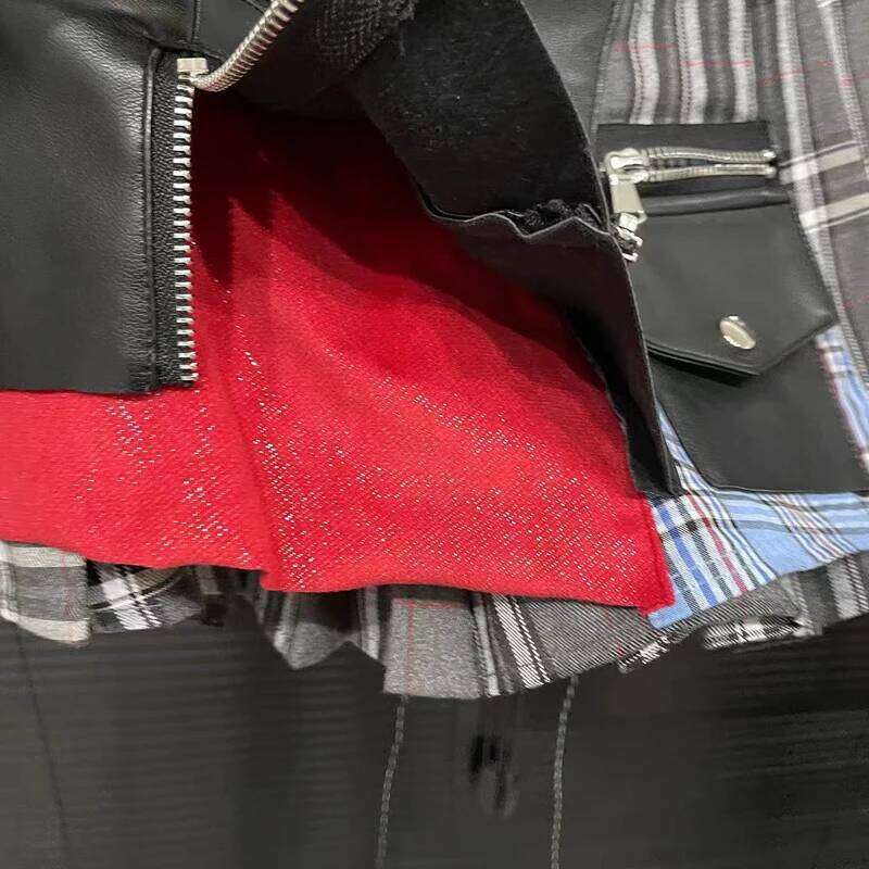 2025 Trending Women Plaid Leather Patchwork Design Mini Skirts Streetwear Female Modern Punk Irregular Y2k Pleated Short Skirt