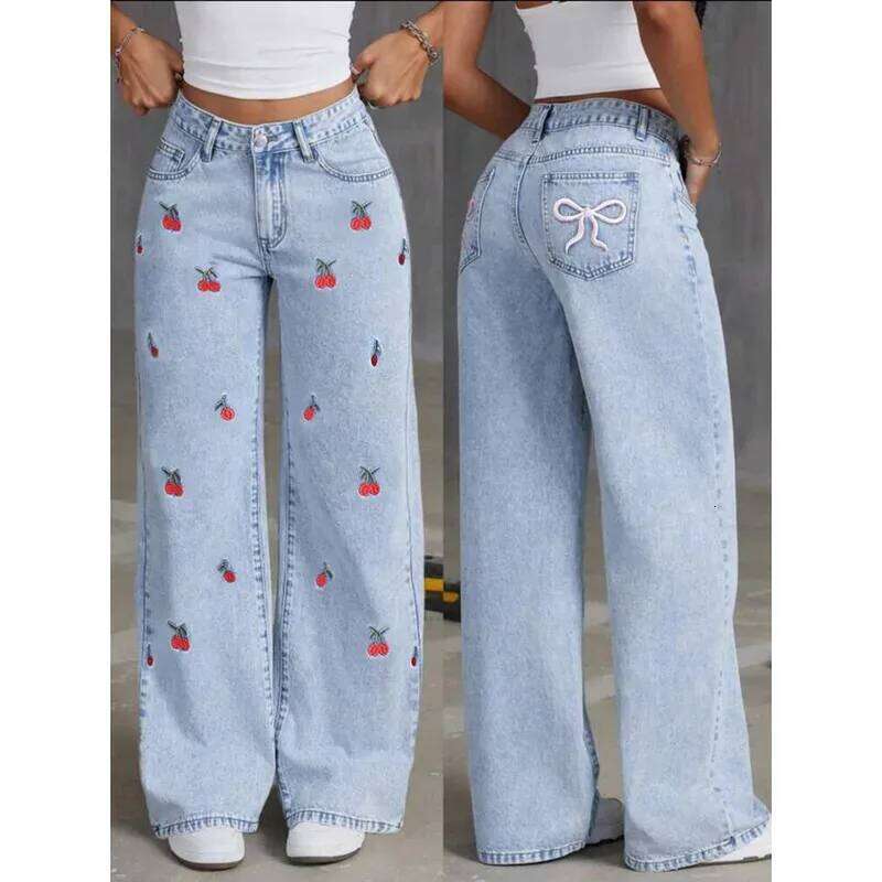 Women Jeans Embroidery High Waist Distressed Washed Pockets Vintage Floor Length Trousers 2025 Denim Wide Leg Pants Streetwear Z260313