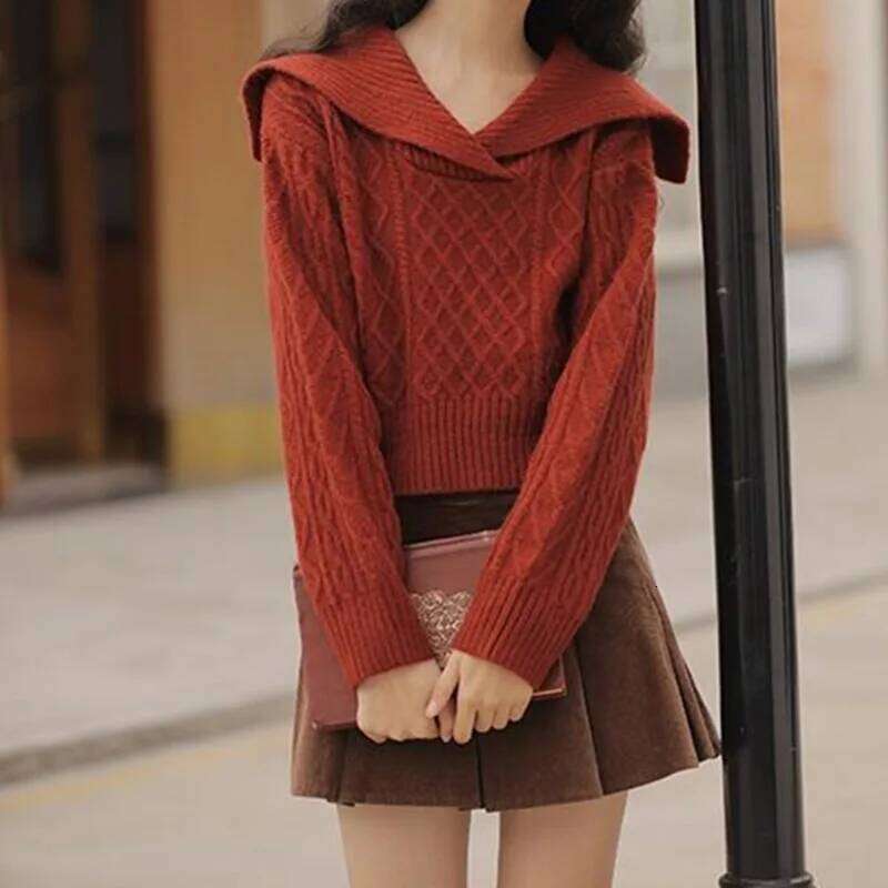 Women Casual Knit Pullover Korean Fashion Solid Long Sleeve Wide Collar Fall Winter Collection Elegant Chic Plaid Sweater Z260313