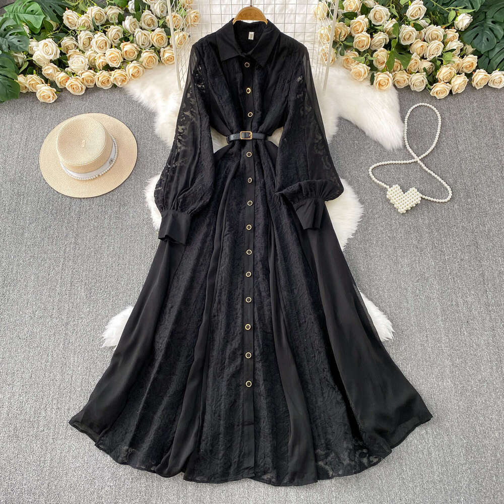 Designer French retro lace embroidered dress with lapel and lantern sleeves for women's spring and autumn single breasted design