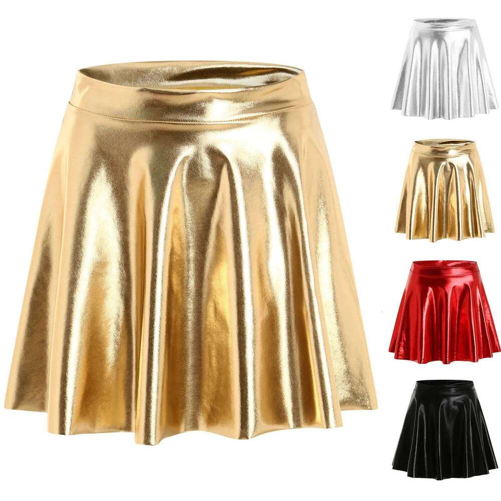 Metallic Pleated Sexy Laser Shiny Flared High Waist Pu Leather Skirt Summer Club Party Dance Mini Skirts Z260314