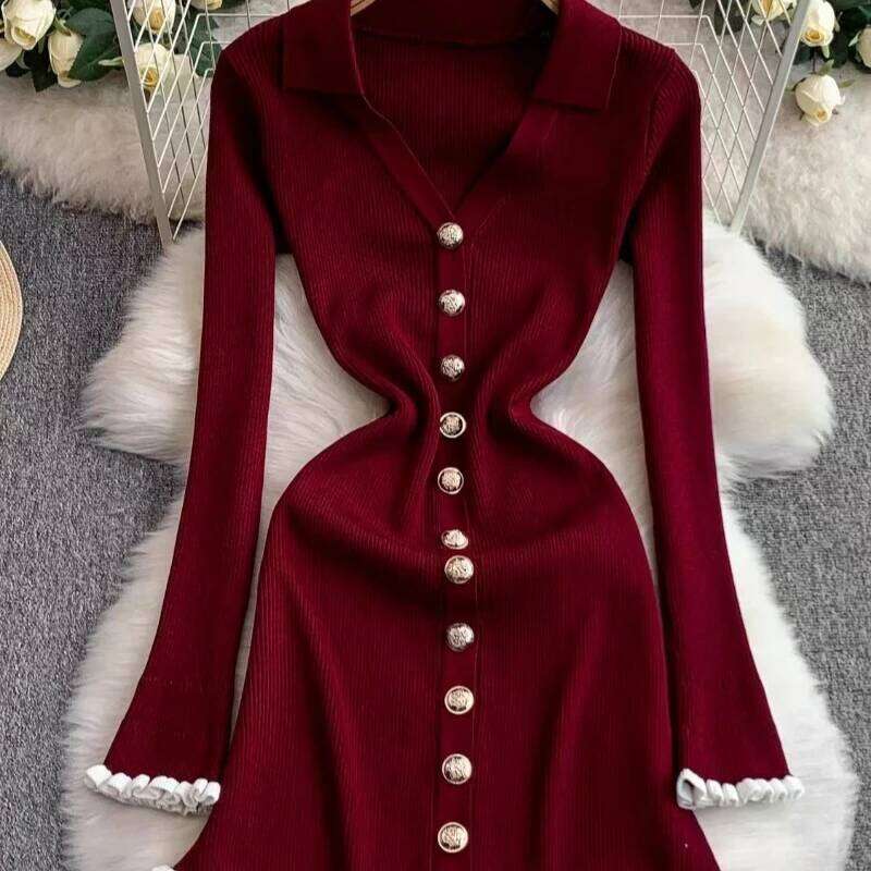 New Waist-cinching Knitting Women V-neck Long Sleeve Chic Short Dress Metal Button Spring Autumn Female Ruffle Dresses Z260314
