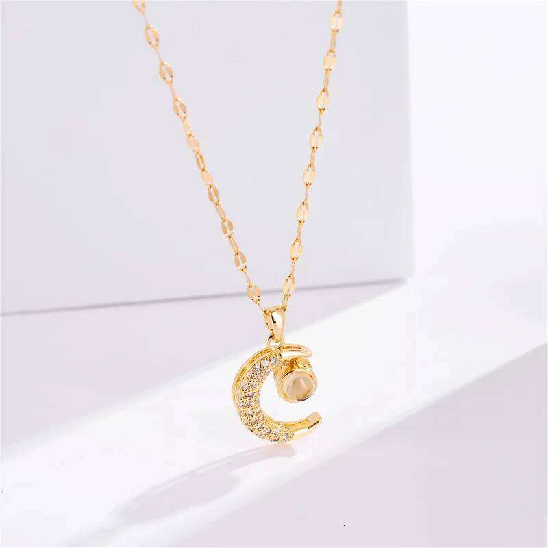 DIEYURO 316L Stainless Steel Moon Projection Pendant Necklace For Women Rhinestone Clavicle Chain Girls Jewelry Gift H260312