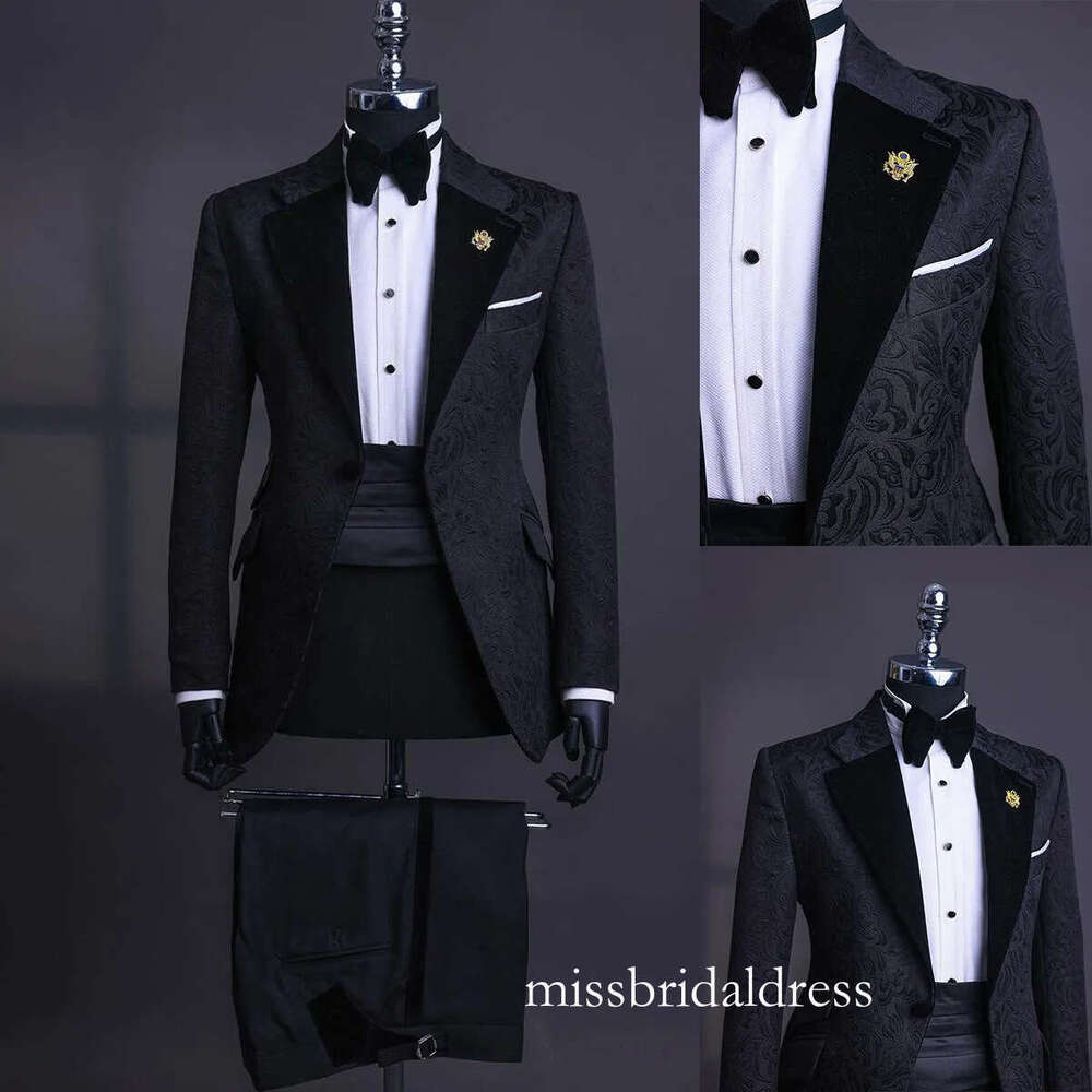 Two Pieces Customized Tailor-Made Jacquard Men's Suits Tailored Blazer Pants Peaked Velvet Lapel One Button Wedding Slim Fit Groom Formal Occasio