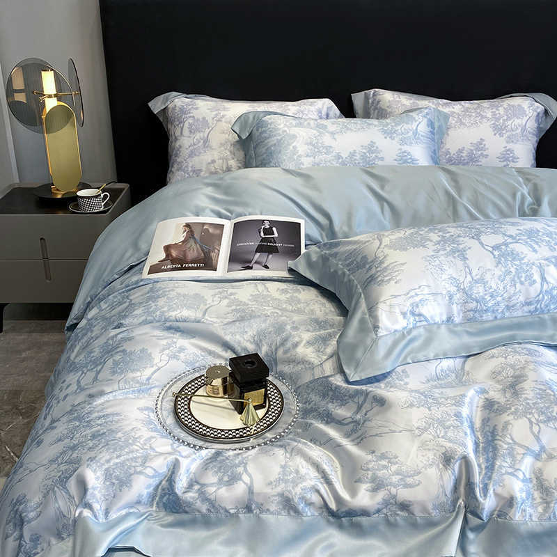 Nordic style minimalist summer ice silk four-piece set, washed cotton silk pillowcase, European plain bed sheet for all four seasons. H260313