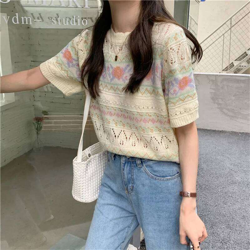 Women Short Sleeve Pullovers Knitting Hollow Out Printed Sweet Girls Soft Slender Korean Style Hipster Teenagers Lovely Popular Z260314
