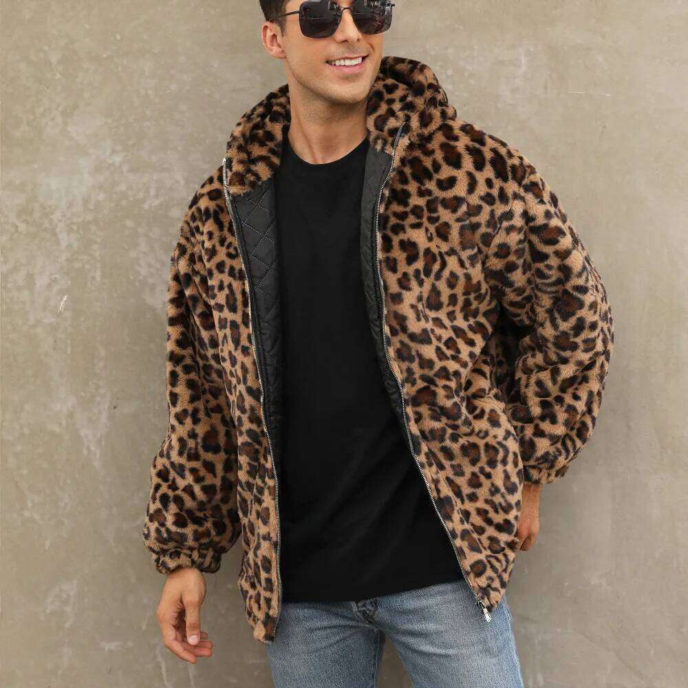 Autumn Winter New Fashion Men's Leopard Casual Trendy Daily Loose Simple Basic Zipper Hooded Faux Fur Coats Male Clothes Tops Z260313