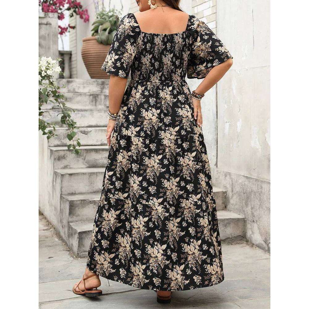 GIBSIE Plus Size Square Neck Floral Print Maxi Dress Women Summer 2025 Knot Front Hollow Out Boho Vacation Big Swing Dresses