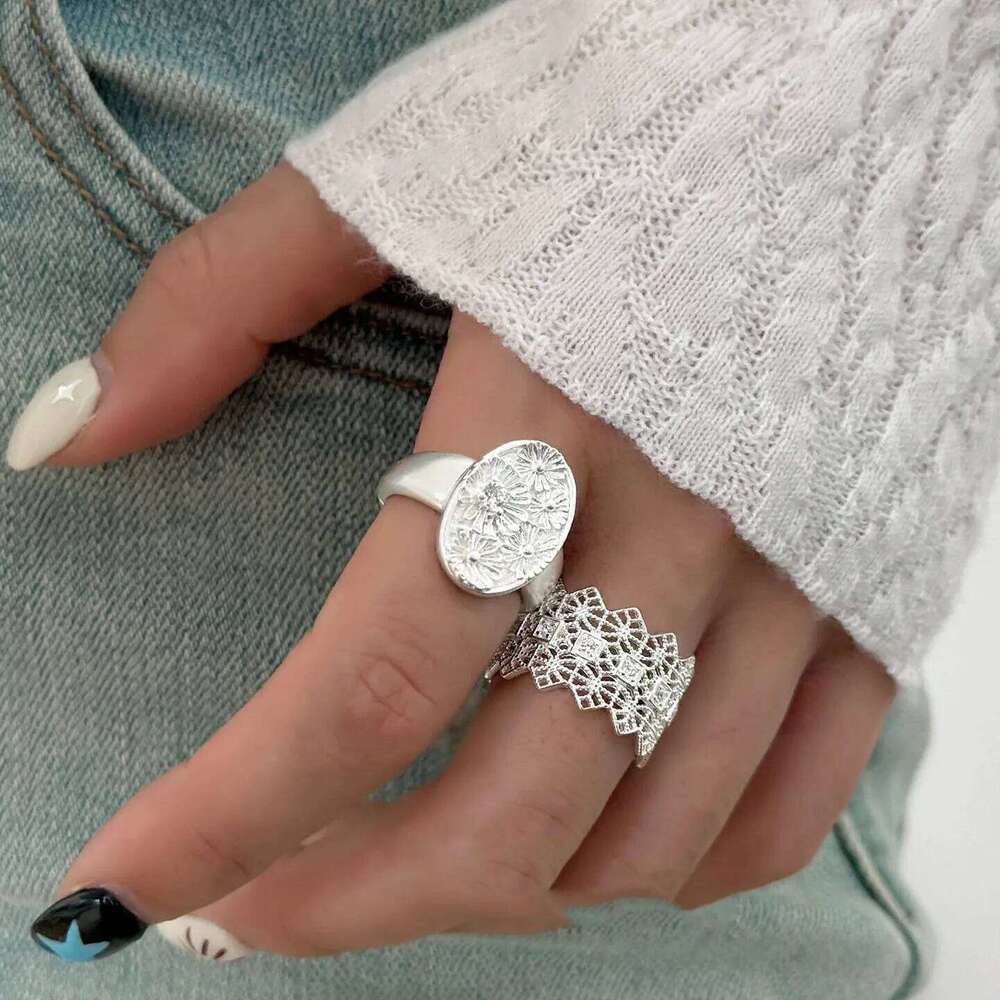 925 Sterling Silver Rings Women Geometric Fine Jewelry Finger Adjustable Simple Oval Flower Ring For Party Birthday Gift H260312