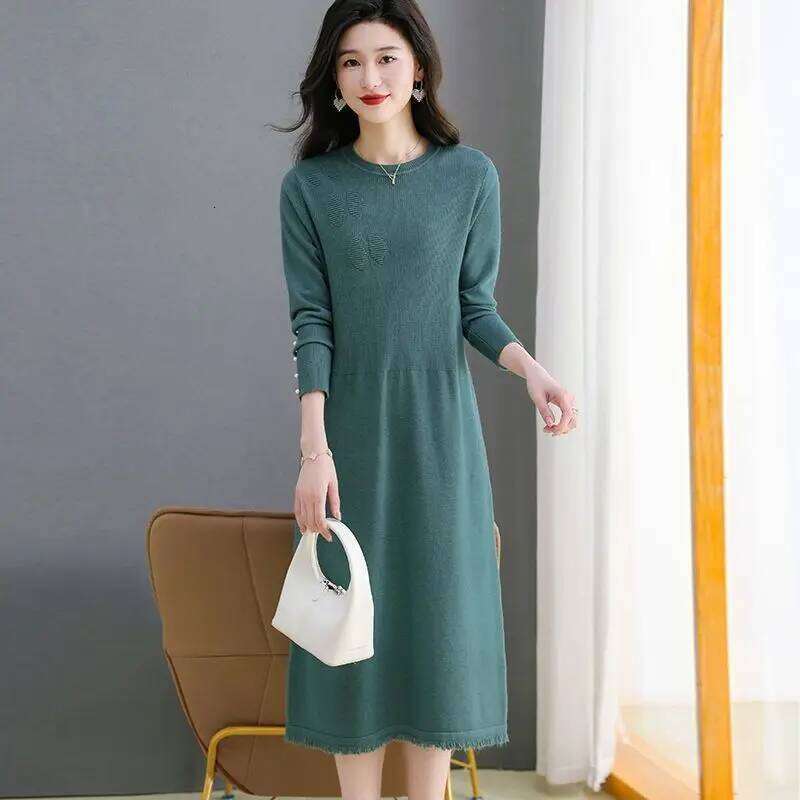Round Neck Fur Women's Slim Long Base Knitted Loose Autumn and Winter Dress Over the Knee New Style 2024 Z260313
