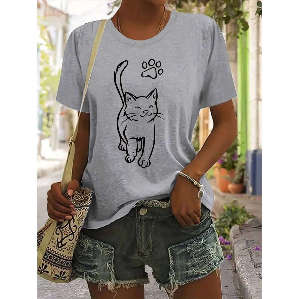Charming Cat Print Casual Crew Neck Short Sleeve Top Urban Style Printed T-Shirt Fashionable for Women Trendy Z260314