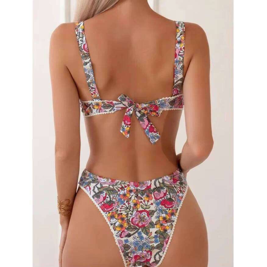 Sexy Bikini 2025 Women Flower Print Push Up Swimsuit Soft Split Bathing Suit Gathered Bra Low Waist Bikinis Sets Beach Swimwear Y260303