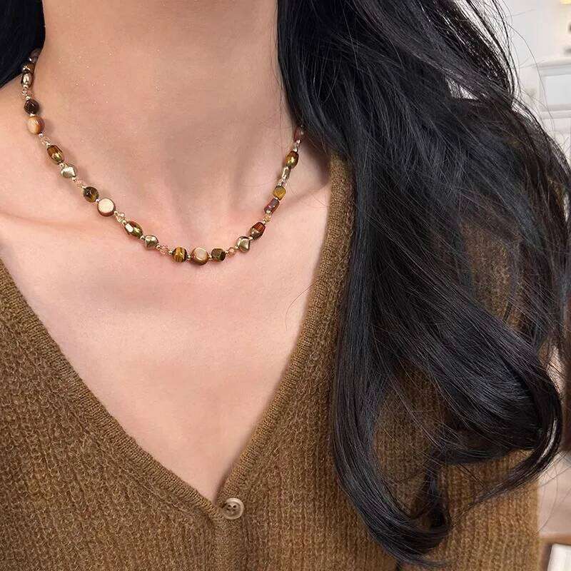 Vintage Maillard Natural Tiger Eye Stone Choker Necklace for Women Summer Handmade Geometric Beaded Chains Strand Jewelry Gift H260312