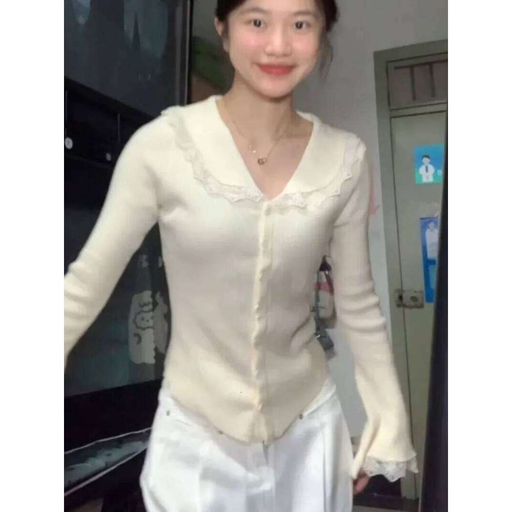 Cardigan Women Peter Pan Collar Korean Fashion Knitted Lace Patchwork All-match Inner Autumn Daily Cozy Temperament Top Ulzzang Z260313