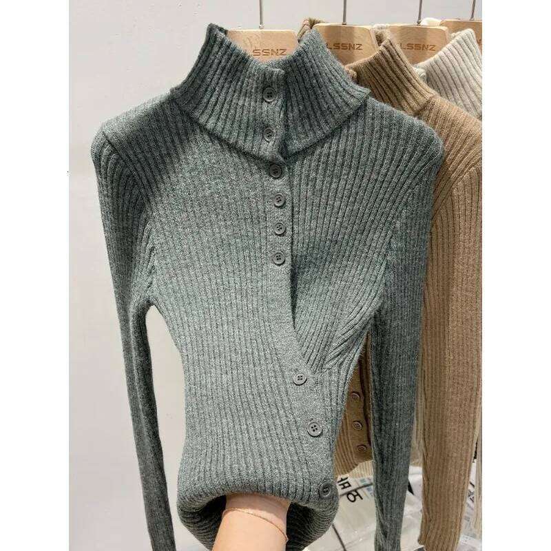 New High-neck Long-sleeved Cardigan Sweater Autumn Winter Style Slimming Bottoming Top Z260313