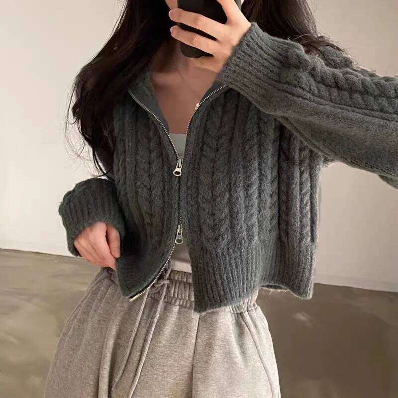 Knit Short Coat Long Sleeve Zipper Sweater Casual Women Cardigan Vintage Winter Korean Chic Elegant 2024 Lady Trend Top Z260313