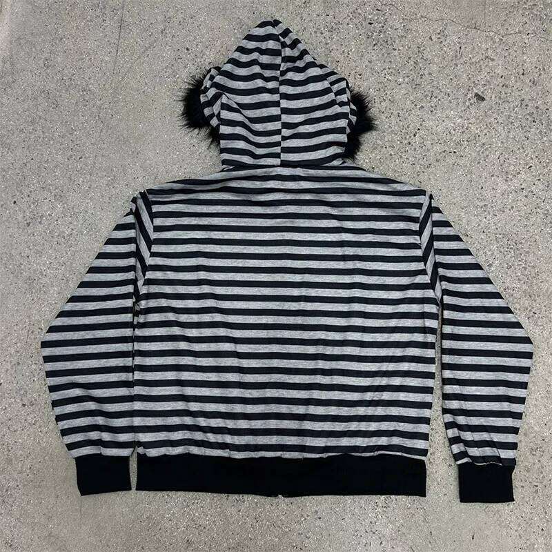 Autumn and Winter High Street Vintage Harajuku Striped Zipper American Fashionable Classic Versatile Sweatshirt emo Z260314