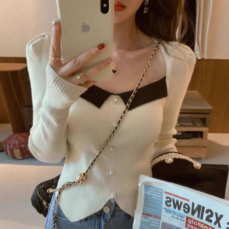 Fashion Elegant Color Block Knitwear Women Spring Autumn New Design Sweater Pullover Slim Fit Versatile Slimming Top Z260313