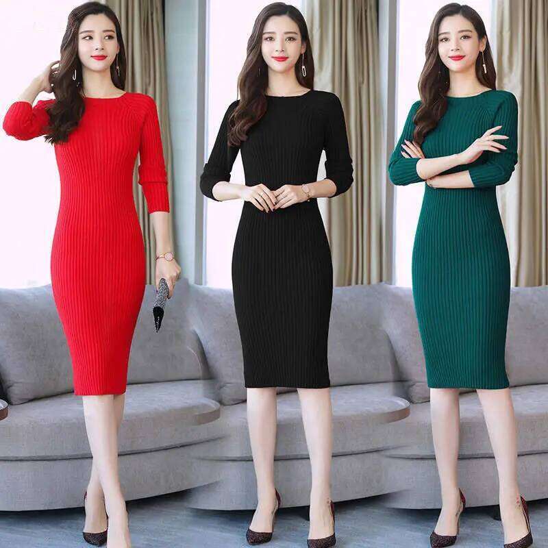 Midi Wrap Knit Dresses for Women Autumn Winter 2025 Maxi Women's Sweater Knitted One-piece Dress Green Long Sleeve Bodycon Black Z260314