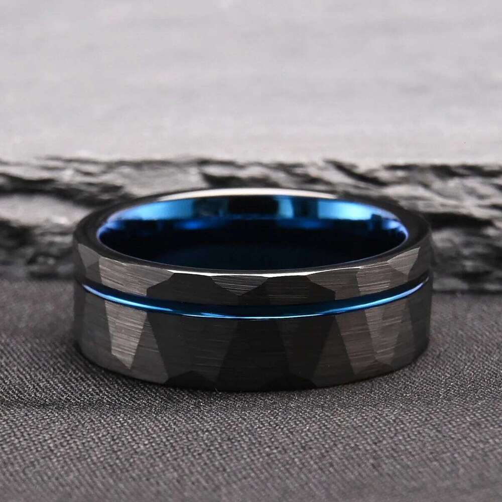 8mm black hammered tungsten steel blue men's wedding ring, fashionable and simple style comfort fit daily gathering H260312