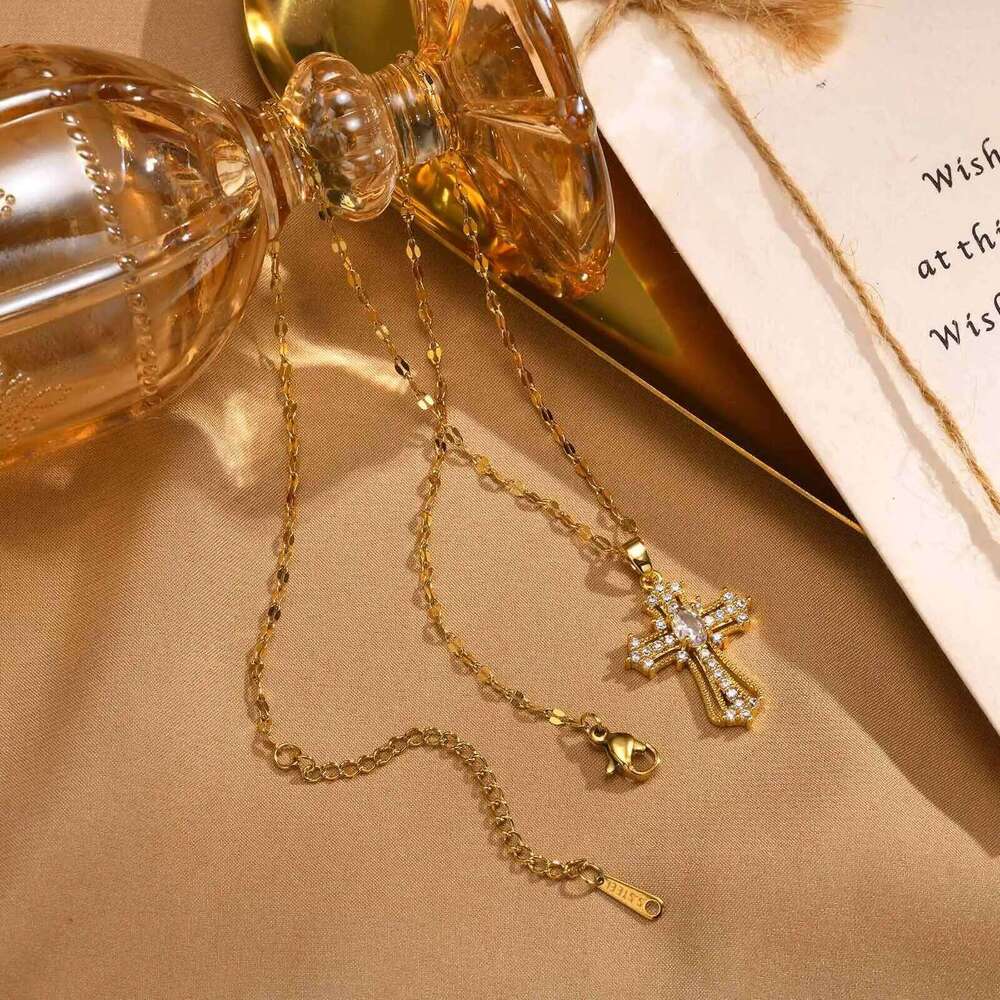 Vnox Christian Religion Necklaces For Women Men, Zircon Cross Pendant Charm Necklace, Classic Gold Plated Jewelry H260312