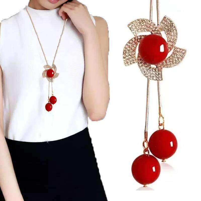 Fashion Red Pearl Flower Long Chain Sweater Necklaces & Pendants for Women Rhinestone Moon Pendant Necklace Female Jewelry H260312