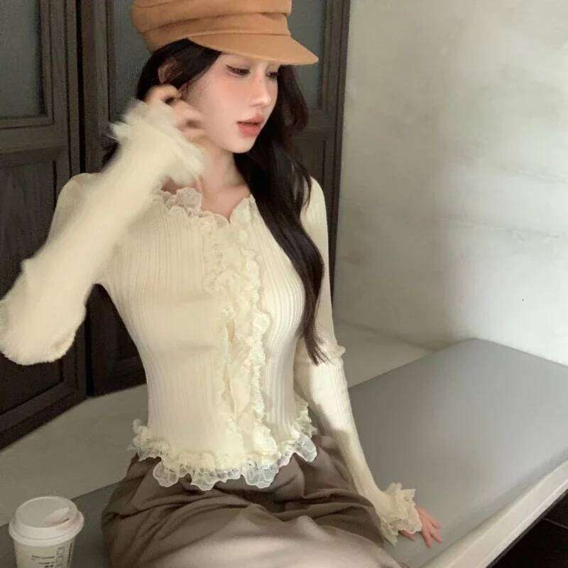 Women Cardigan Lace Patchwork Knitted Basic Tops Button-up Autumn Hotsweet Crop Sweater All-match Elegant Tender Casual Daily Z260313