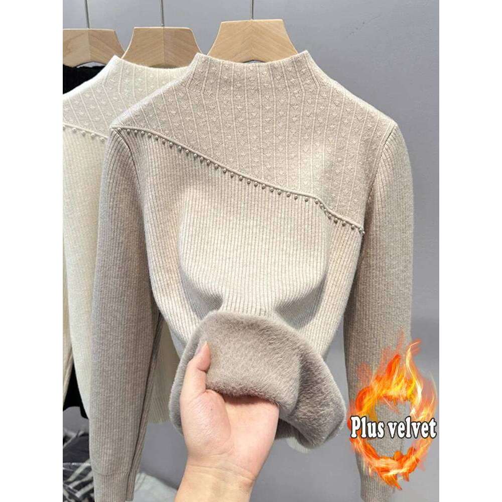 One-piece Thickened Fleece Sweater for Women, Half Turtleneck Base Shirt, Inner Wear, Autumn Winter New Knitted Pullover Top Z260313