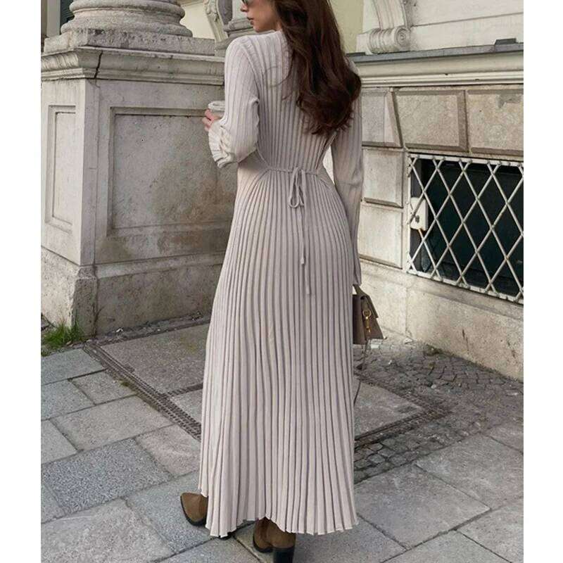 Autumn Winter Round Neck Solid Color Pleated Robe Femme Long Sleeve Knitting Ankle Length Vestidos Women Slim Bottoming Dress Z260313