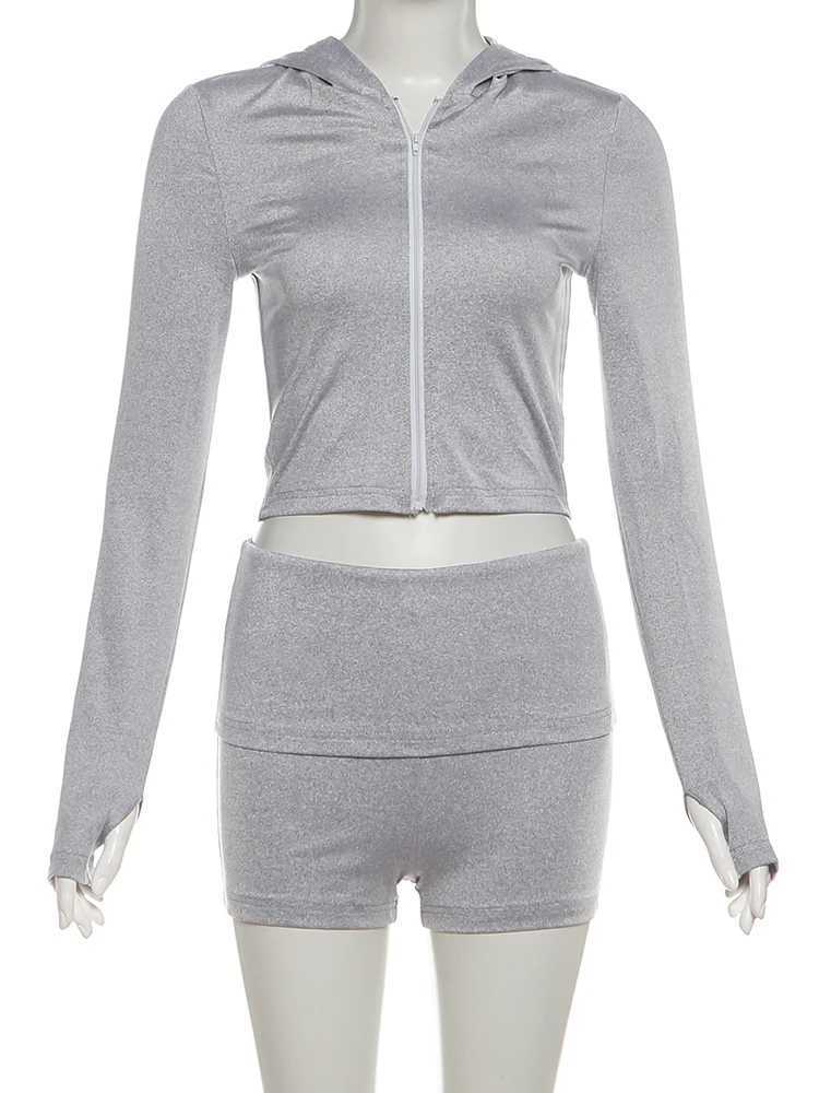 Weird Puss Sporty Tracksuits 2-Piece Set Women Hooded Zip JacketShorts Matching Simple Basic Classic Sexy Stretch Slim Outfits M260313