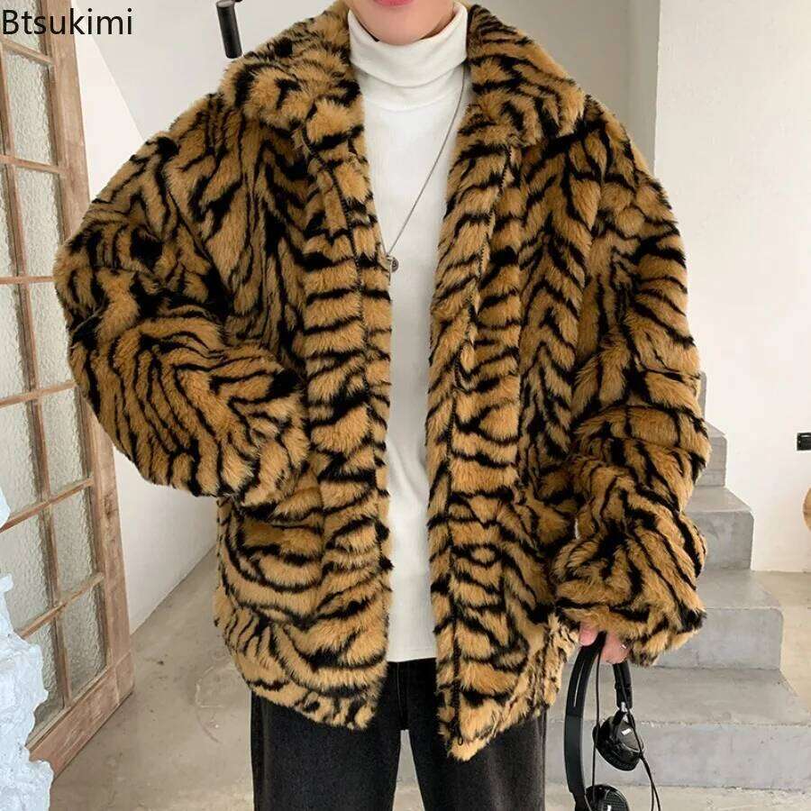 Fashion Tiger Stripes Print Men Loose Fluffy Faux Fur Long Sleeve Casual Warm Coats Autumn Winter Harajuku Retro Jackets Z260313