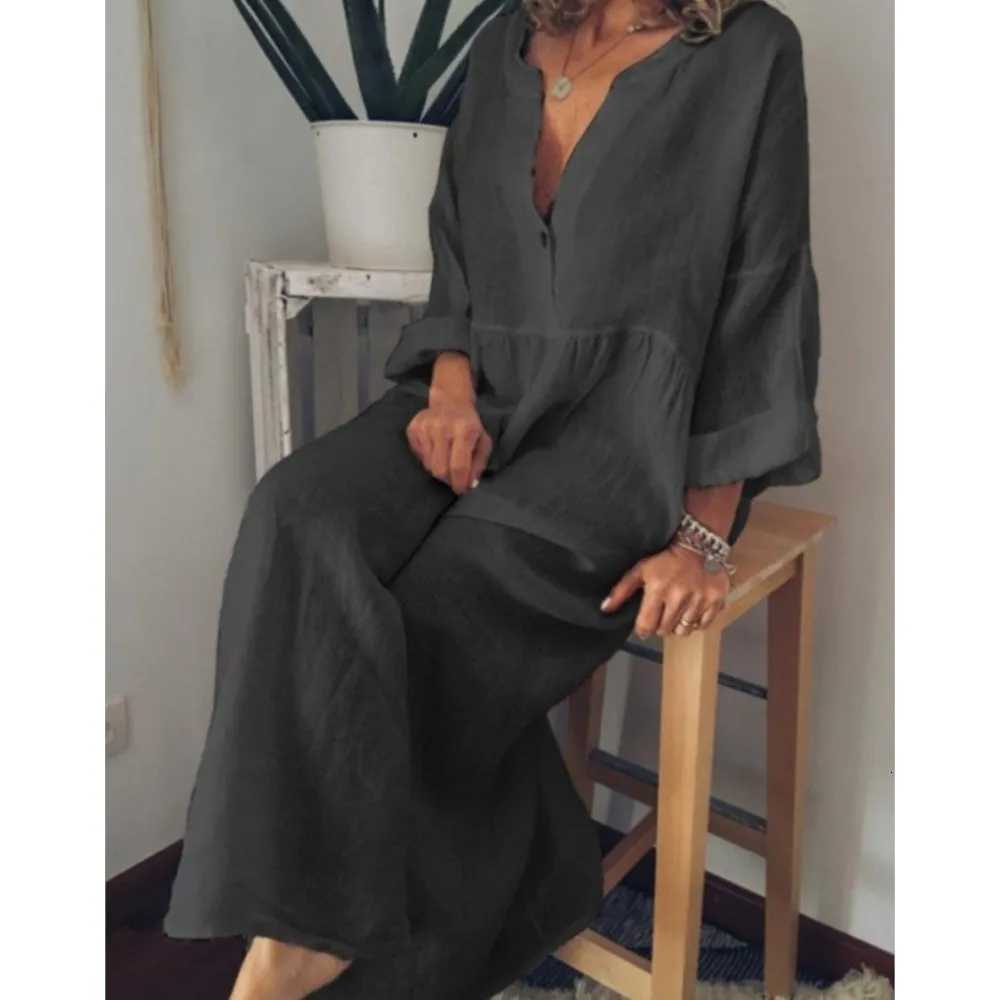 Loose Cotton Linen Womens Long dress Spring New Korean Version Loose Casual Solid Color Long Sleeved Button Up DressT260314