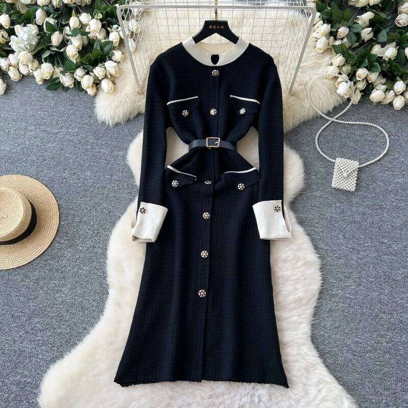 Elegant Knitted Slim Fit Autumn Clothing Women Full Sleeve Split Midi Dresses OL Style Pullovers Sweater Dress Robe Femmes Z260313