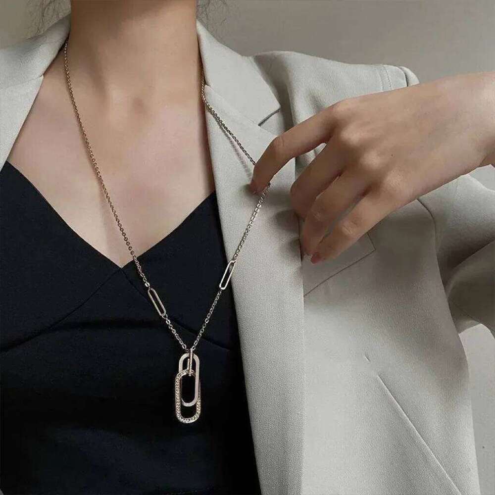 Minimalist Geometric Crystal Oval Square Pendant Necklace for Women Stainless Steel Long Sweater Chains Jewelry Statement Gift H260312