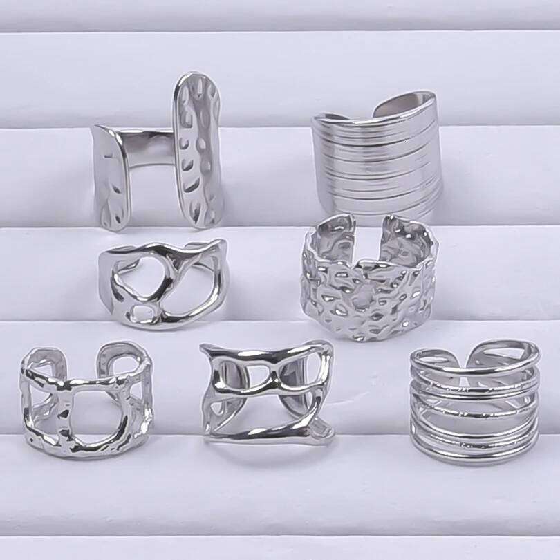 1Pc Stainless Steel Hollow Wide Textured Chunky Open Finger Rings For Women Punk Irregular Aesthetic Anillos Jewelry H260312