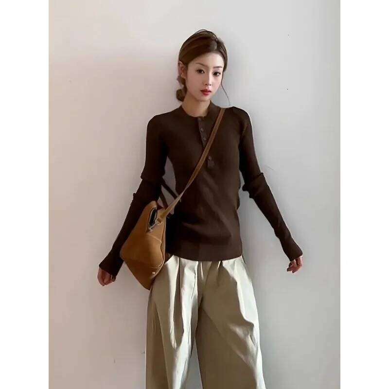Autumn and Winter Pullover Long-sleeved Round Neck Buttoned Sweater Women's Slim Fit Bottoming Shirt Top Z260313